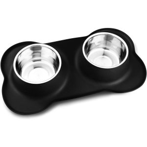 bone shaped dual stainless steel pet feeder bowl set (non slip silicone mat)