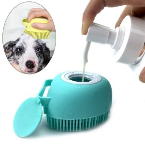 2 in 1 silicone pet bath & grooming brush with shampoo dispenser